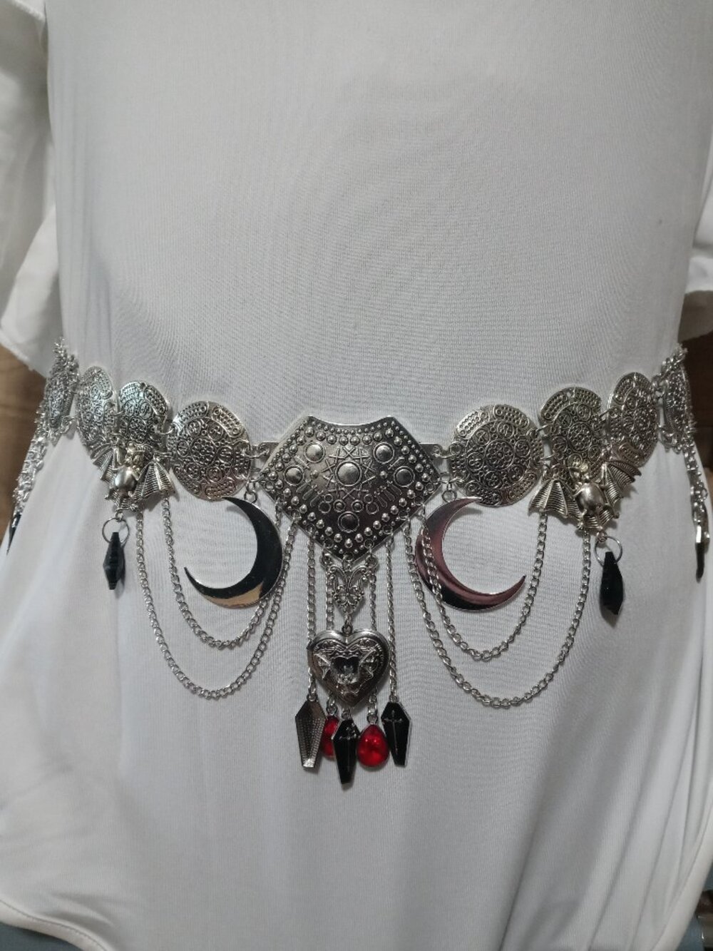 Goth Bat Coffin Pentacle Moon Charm Belt w/ Heart Locket